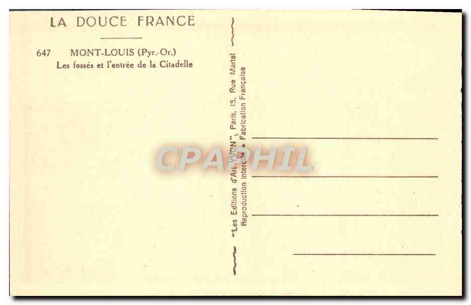 CPA Mont Louis Les fosses et l'entree de la Citadelle  — Rückseite