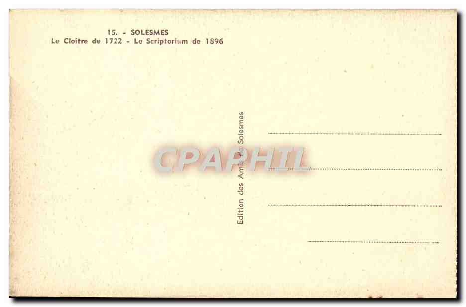 CPA Solesmes Le Cloitre de 1722 Le Scriptorium de 1896 — Rückseite
