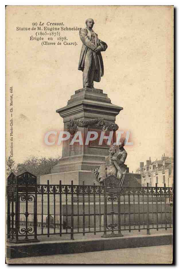 Le Creusot — Statue de M. Eugène Schneider (1805-1875) — Érigée en 1878. (Œuvre de Chapu). Collection du Photo-Club, Ch. Martel, édit.