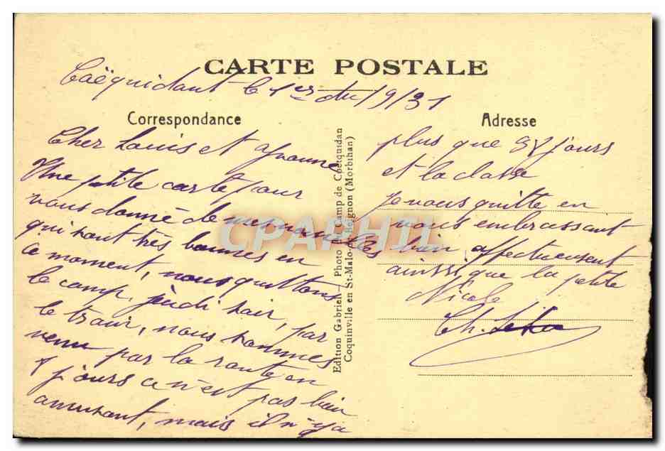 CPA Camp De Coetquidan Groupe cycliste Velo Cycle Militaria — Back