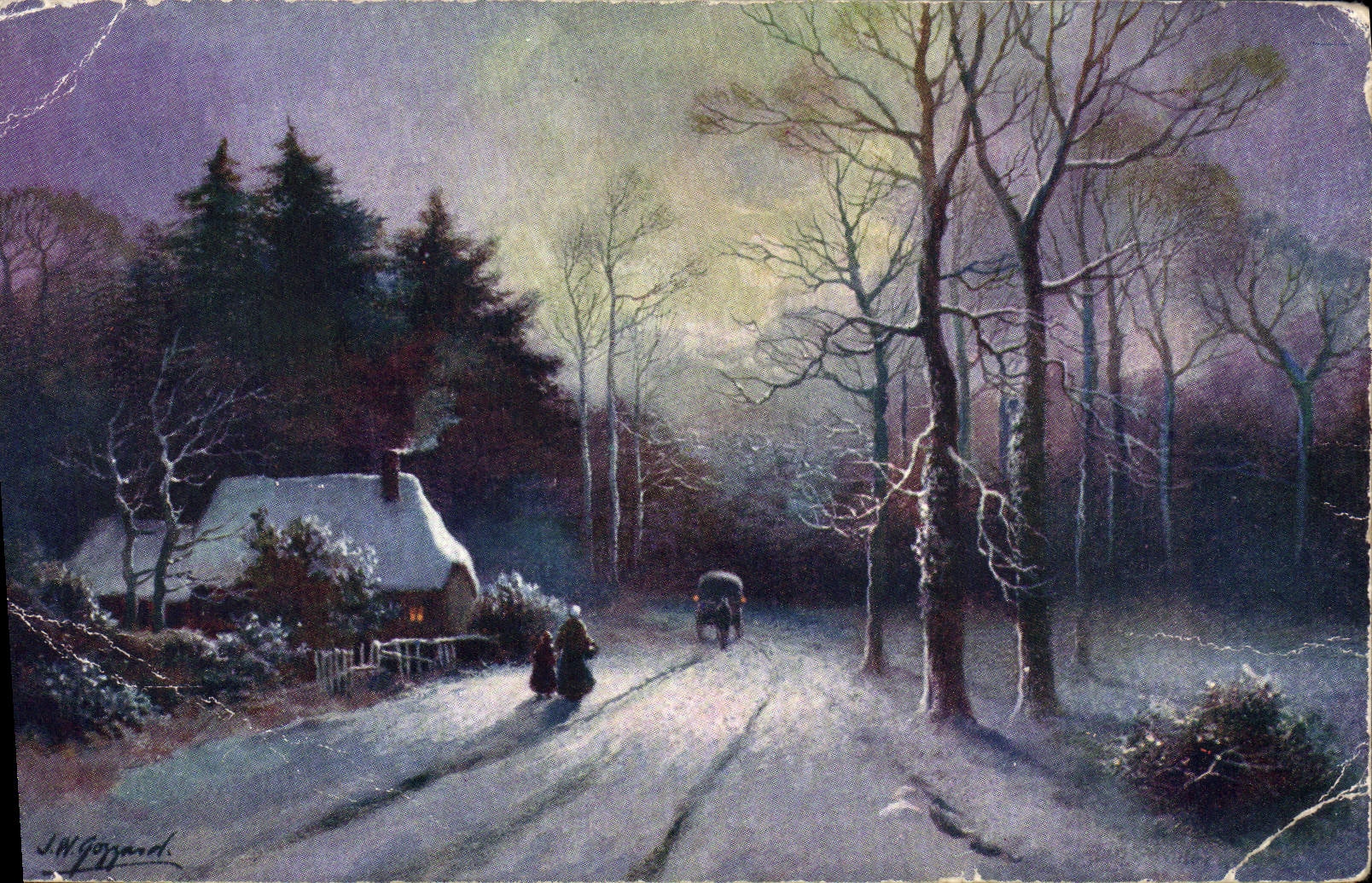 Scène hivernale — maison enneigée et voiture — J.N. Gozand
