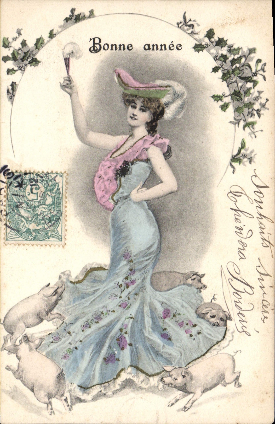CPA Fantaisie Femme Cochons Porc Bonne Annee