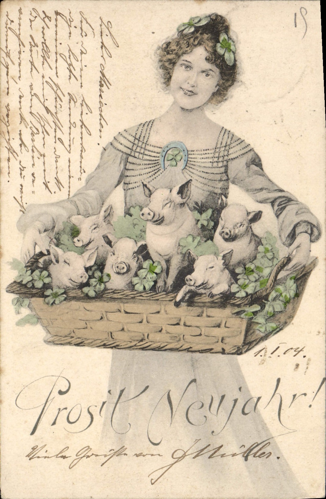 Femme tenant un panier de porcelets — Prostits Neujahr! — éditeur non visible, n° de série non visible