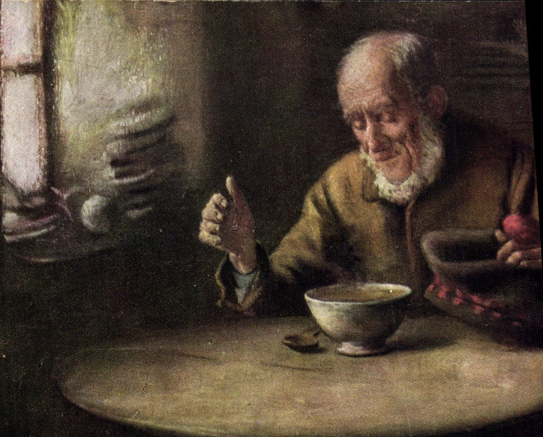 CPA Fantaisie Vieil homme devant sa soupe