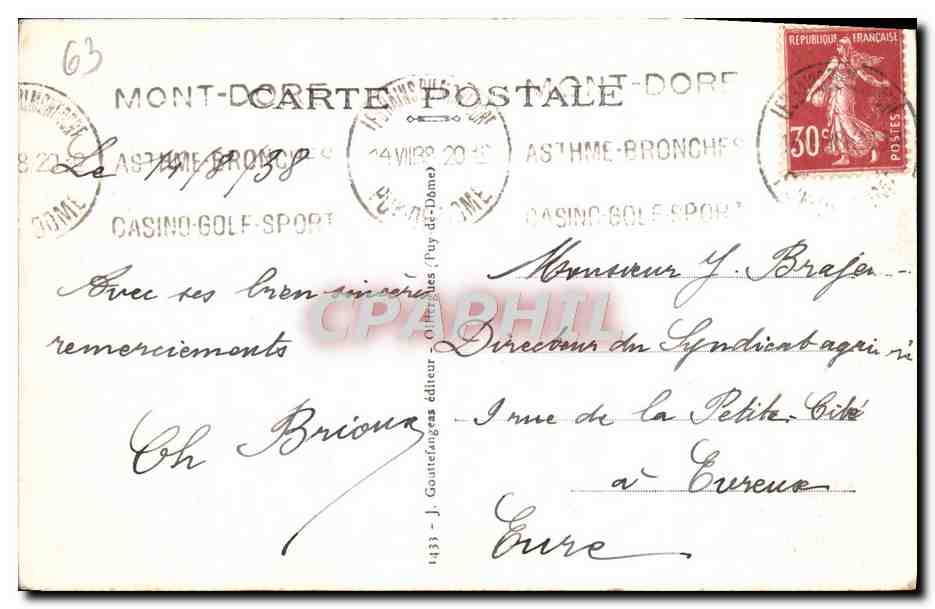 Le Mont-Dore — La Grande Cascade — Éd. d'O — Verso