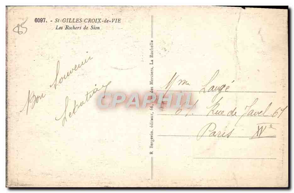 Les Rochers de Sion — Saint-Gilles-Croix-de-Vie — éditeur R. Bergévin, La Rochelle — Verso