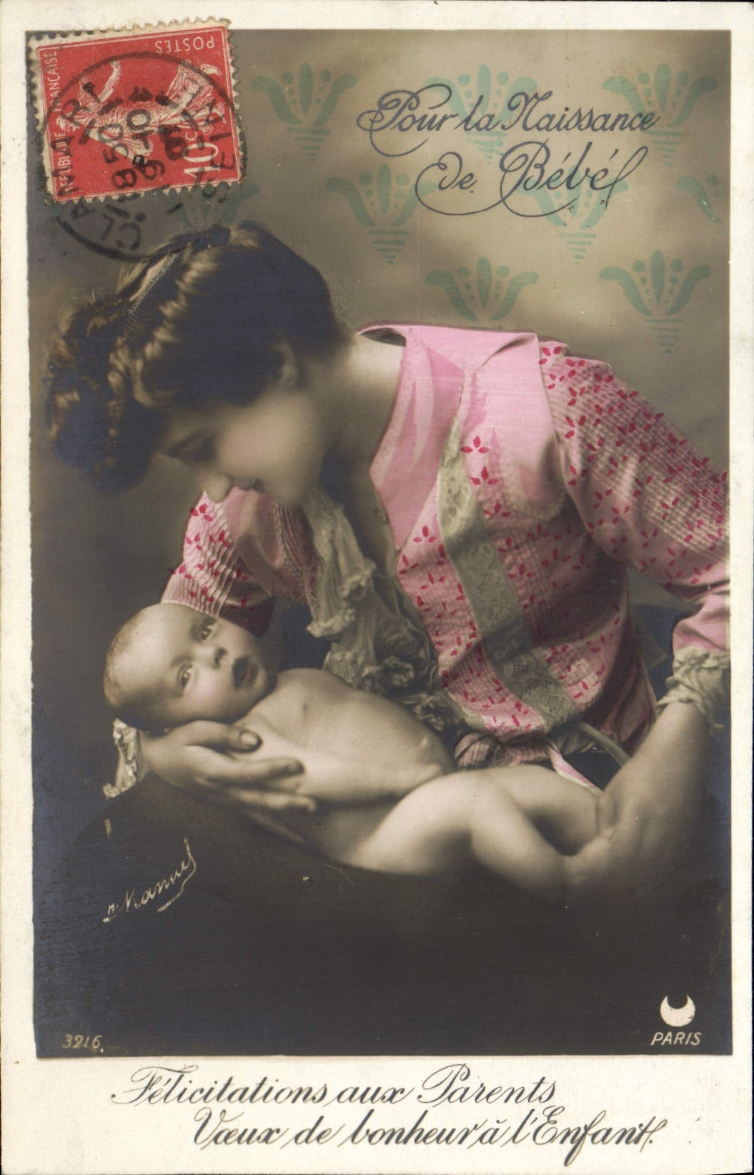 Madre che tiene il suo bambino — Auguri ai genitori — Parigi, editore N. Manuel, n° 3216
