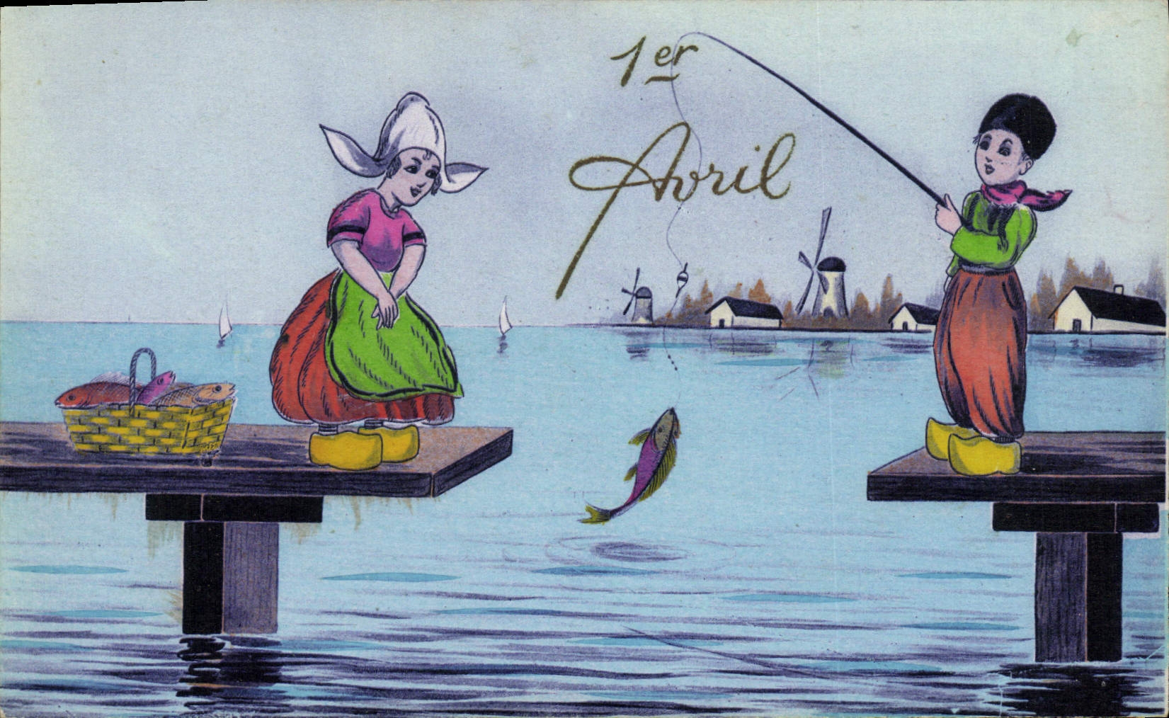 CPA Fantaisie Enfants 1er avril Poisson Moulin
