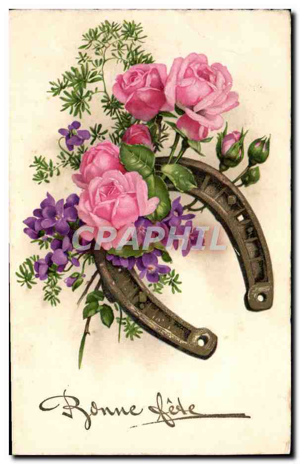 CPA Fantaisie Fleurs Bonne Fete Fer a cheval