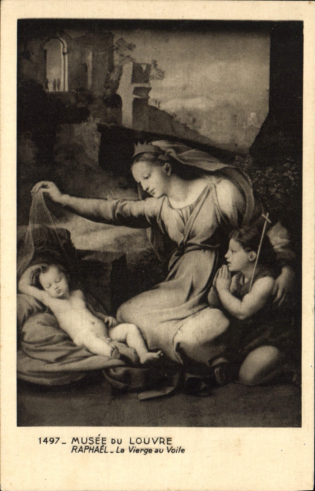 Cartolina d'epoca Museo del Louvre Raffaello la Vergine con il Velario con timbro della Vittoria di Samotracia