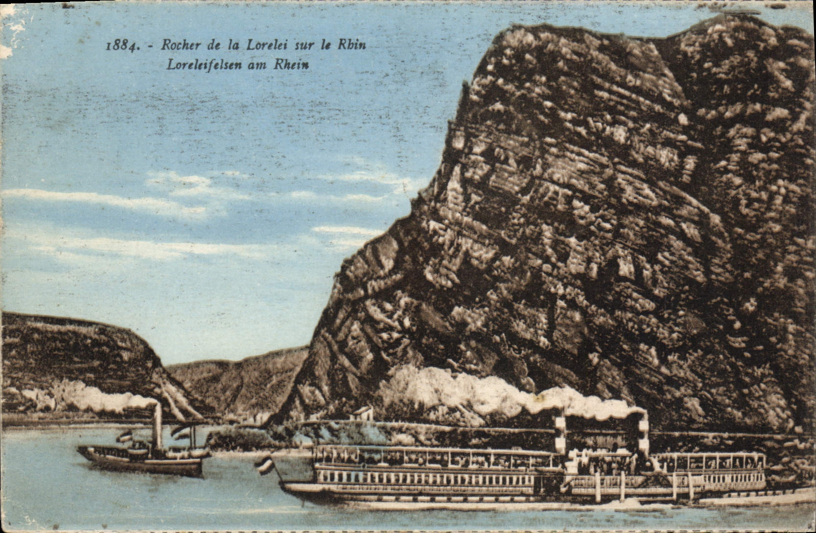 Rocher de la Lorelei sur le Rhin — vue avec bateaux — 1884