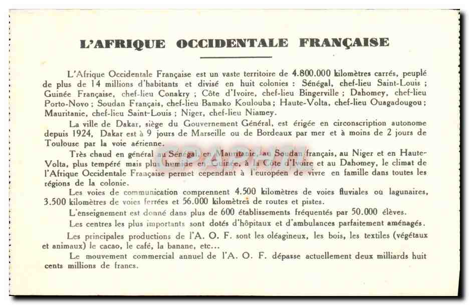 CPA Carte Afrique de l'Ouest Algerie Nigeria Gold Coast Senegal Liberia Sierra Leone Mauritanie — Rückseite