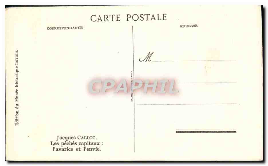 CPA Inuidia Auaritia Chien Jacques Callot Les peches capitaux L'avarive et l'envie — Rückseite
