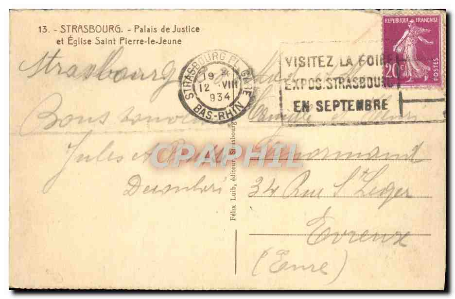 Strasbourg - Palais de Justice et Église Saint-Pierre-le-Jeune — Félix Laub, éditeur, n°13 — Verso