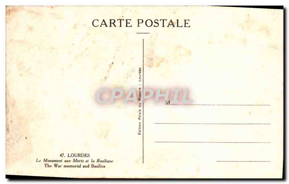 CPA Lourdes Le Monument aux Morts et la Basilique — Verso