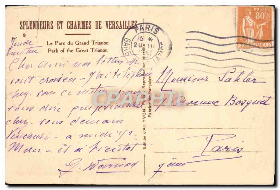 CPA Le Parc du Grand Trianon Versailles — Verso