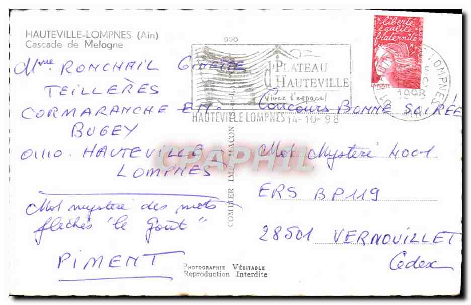 CPA Hauteville Lompnes Cascade de Melogne — Rückseite