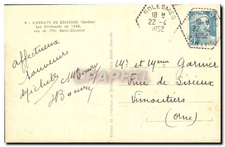 CPA L'abbaye de Solesmes Les batiments de 1896 vus de l'ile Saint Clement — Rückseite