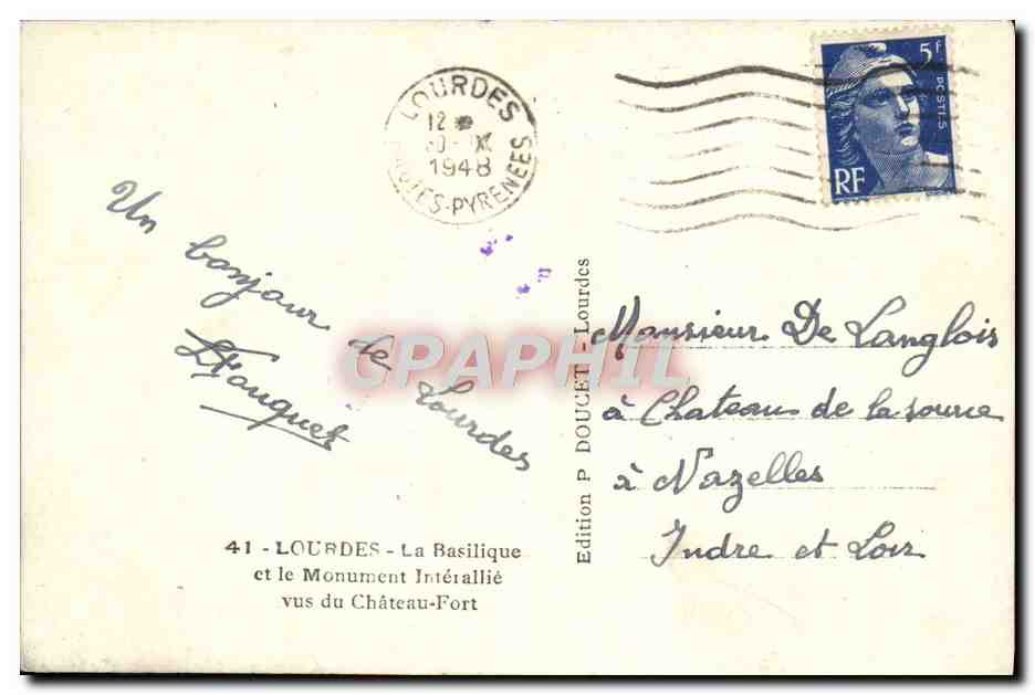CPA Lourdes La Basilique et le monument interallie vus du chateau fort  — Verso