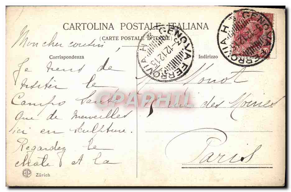 CPA Genova Lamposanto Monumento Pienovi — Rückseite