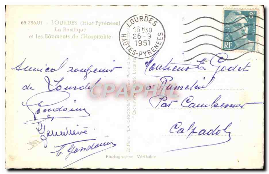 CPM Lourdes La Basilique et les batiments de l'Hospitalite — Verso