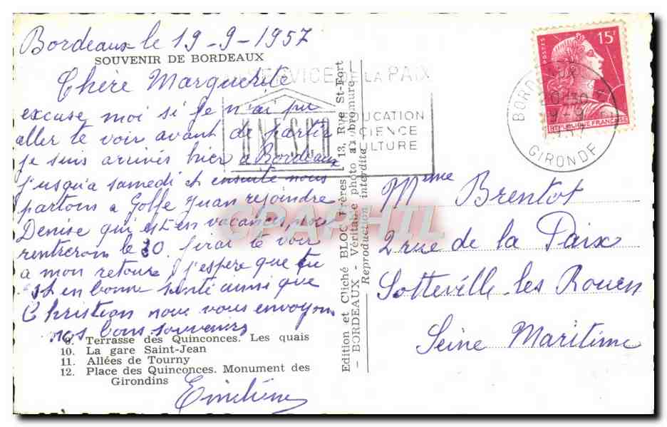 CPM Souvenir De Bordeaux Terrasse des Quinconces La gare de St Jean Allees de Tourny Place des Quinconces Girondins — Verso