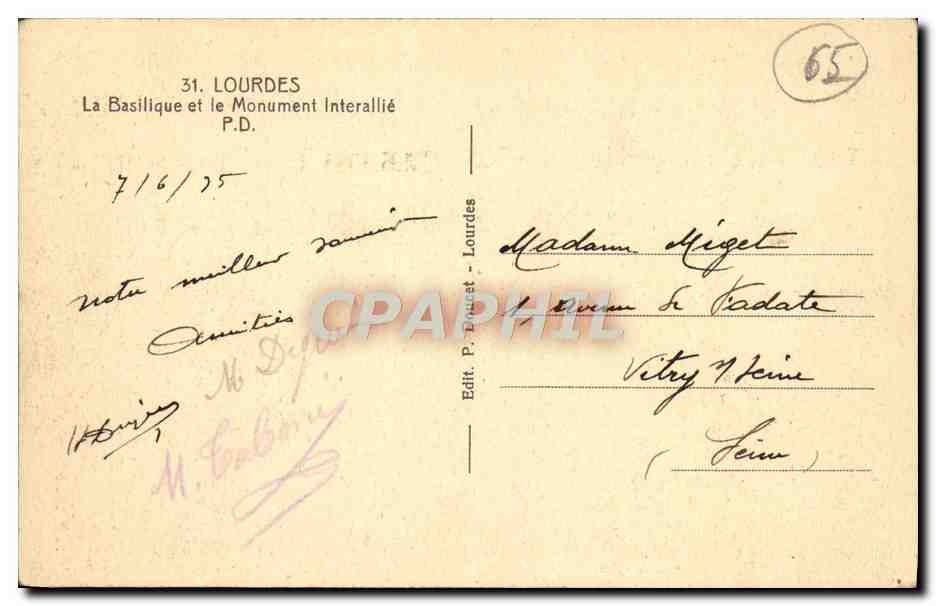 CPA Lourdes La Basilique Et Le Monument Interallie — Verso