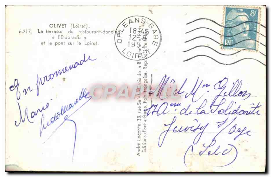 CPA Olivet La Ferrasse Du Restaurant Dancing L'Eldorado et le pont sur le Loiret — Rückseite