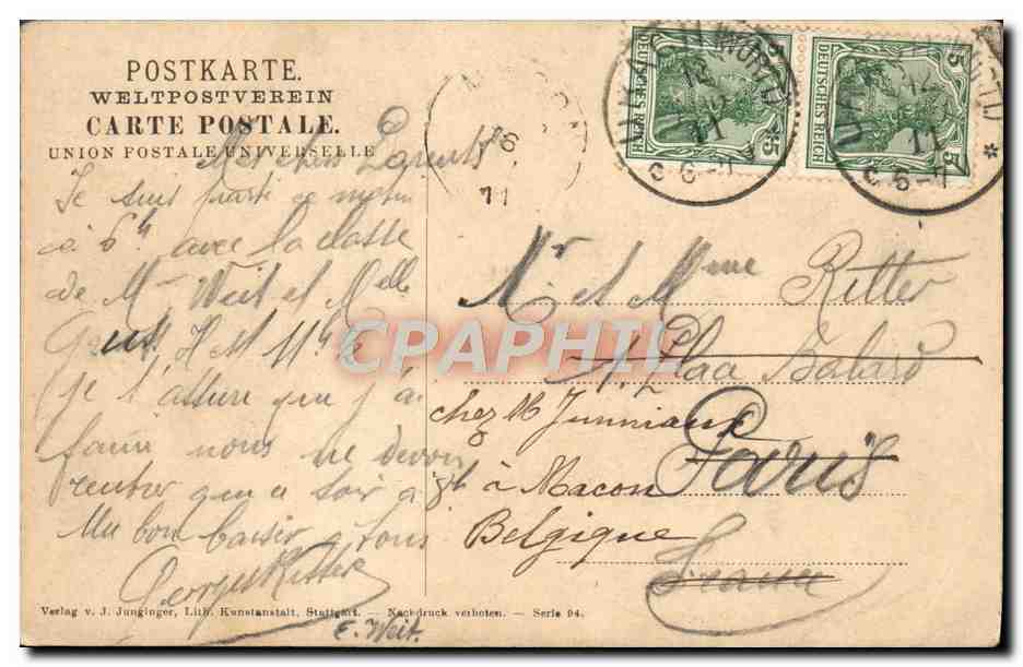 Chute d'eau — paysage montagneux — Verlag v. J. Junginger, Stattigert, Série 94 — Verso