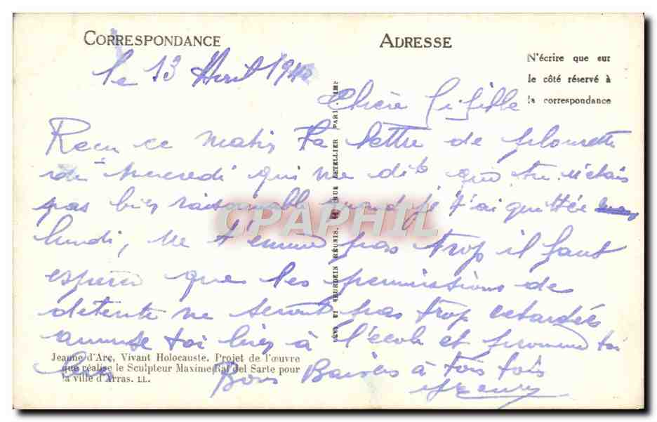 CPA Jeaune d'Arc Vivant Holocauste  — Rückseite