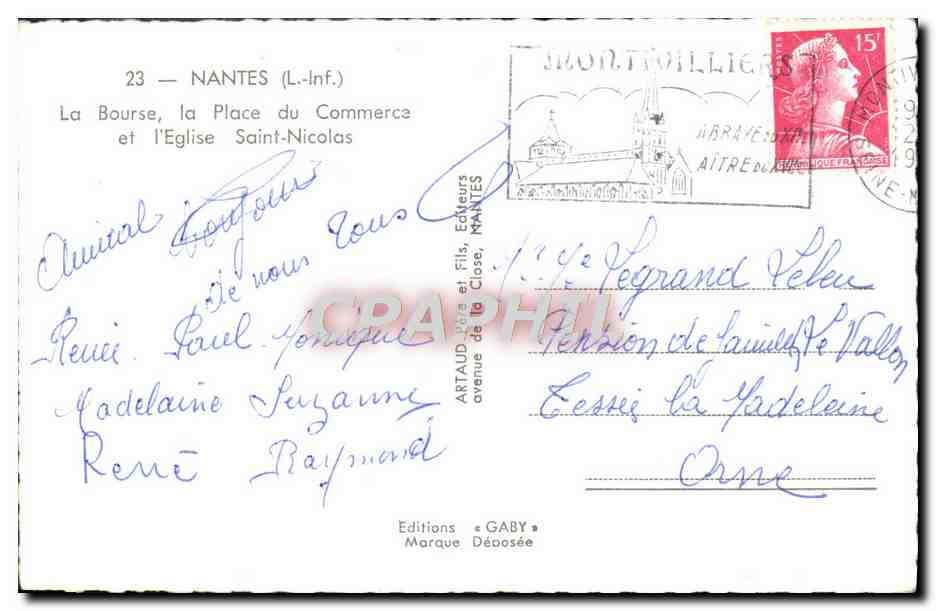 CPM Nantes La Bourse la Place du Commerce et l'eglise Saint Nicolas — Rückseite