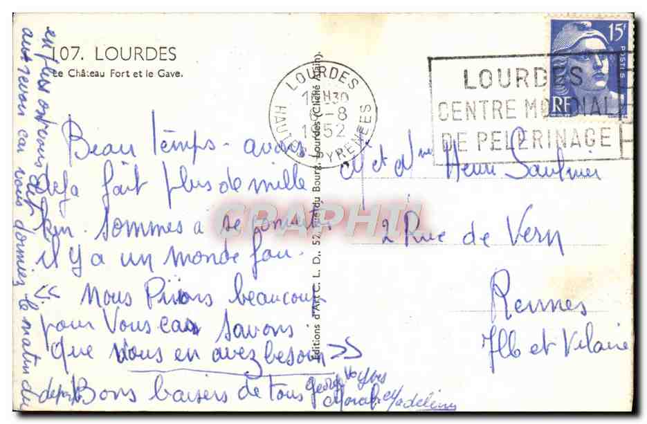 CPA Lourdes Le Chateau Fort et le Gave — Verso