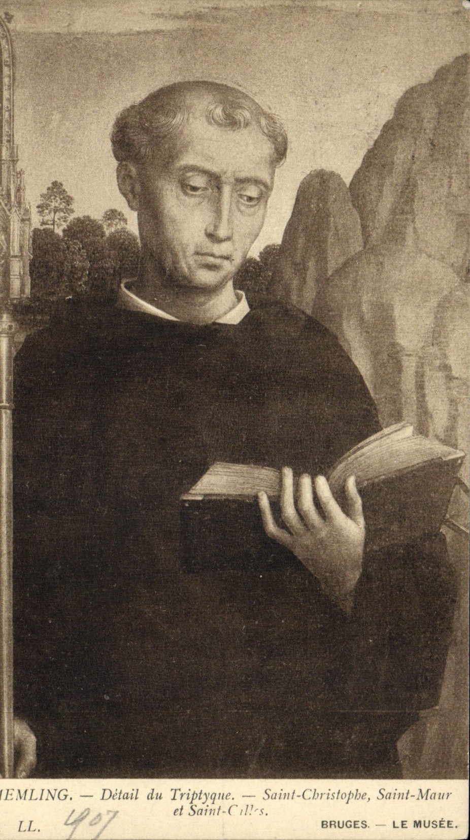 CPA Bruges Le musee Memling Detail du triptyque Saint Christophe Saint Maur et Saint Calles