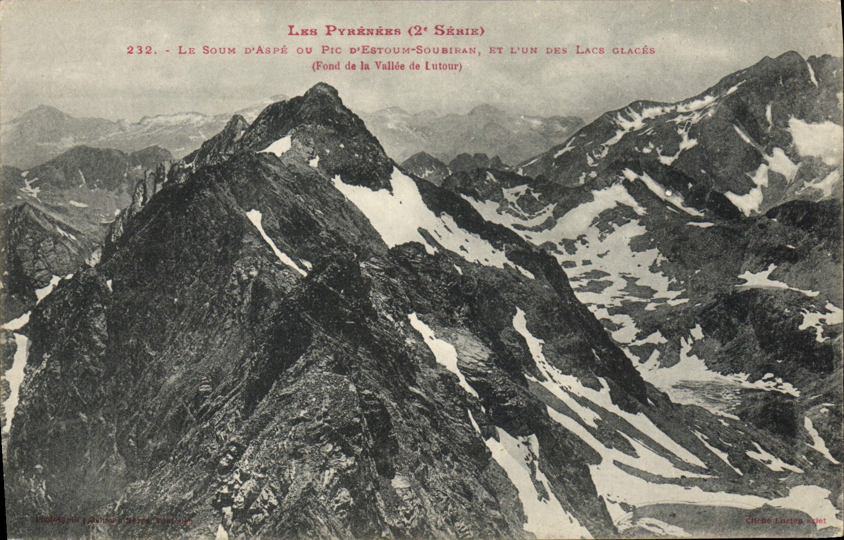Les Pyrénées (2e Série) — Le Soum d'Aspé ou Pic d'Estoum-Soubiran, et l'un des lacs glacés (Fond de la Vallée de Lutour) — Phototypie Laboureur, Barcelone