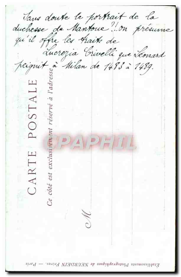 CPA Leonard de Vinci La belle ferronniere — Rückseite