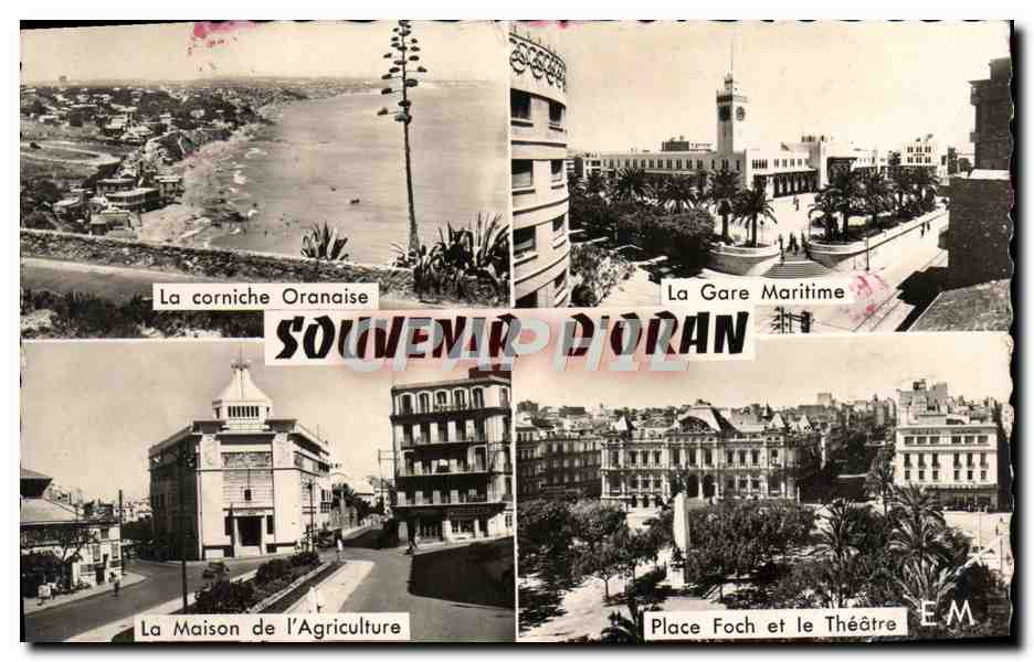 Oran — Vue panoramique de la corniche, la gare maritime, la maison de l'Agriculture et la place Foch avec le théâtre — Souvenir d'Oran, Éditions Lartigue