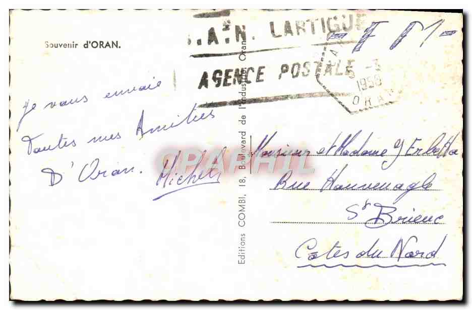 Oran — Vue panoramique de la corniche, la gare maritime, la maison de l'Agriculture et la place Foch avec le théâtre — Souvenir d'Oran, Éditions Lartigue — Verso