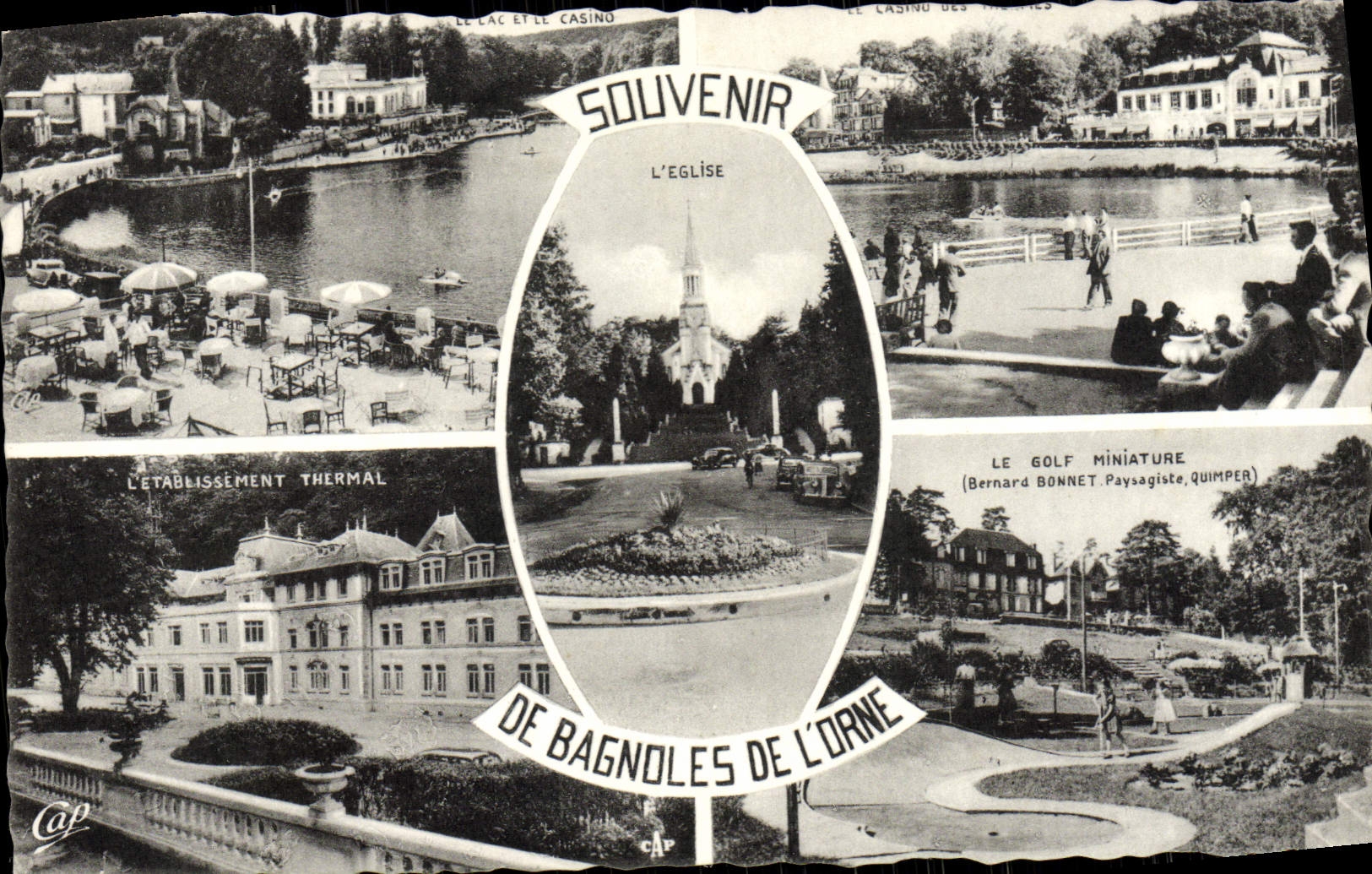 Bagnolles-de-l'Orne — Souvenir de l'établissement thermal, de l'église et du golf miniature — éditeur CAP