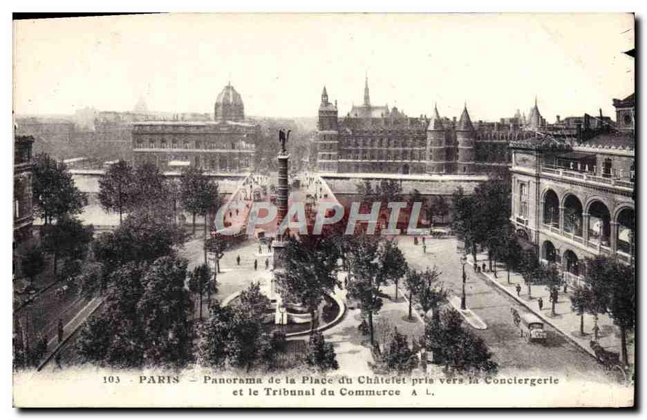 Antike Ansichtskarte Paris Panorama der Place du Chatelet, aufgenommen in der Nähe der Conciergerie und des Tribunal de Commerce