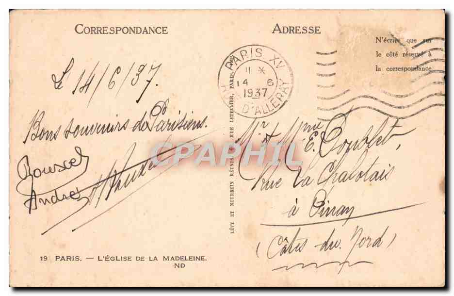 CPA Paris L'Eglise de La Madeleine  — Rückseite