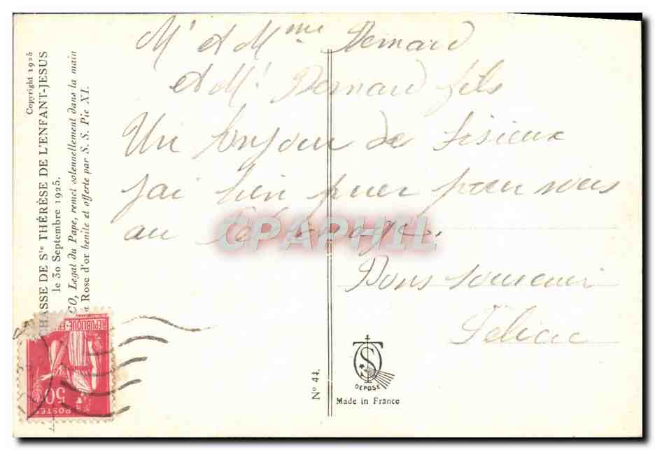 CPA Chasse de Ste Therese de L'Enfant Jesus  — Verso