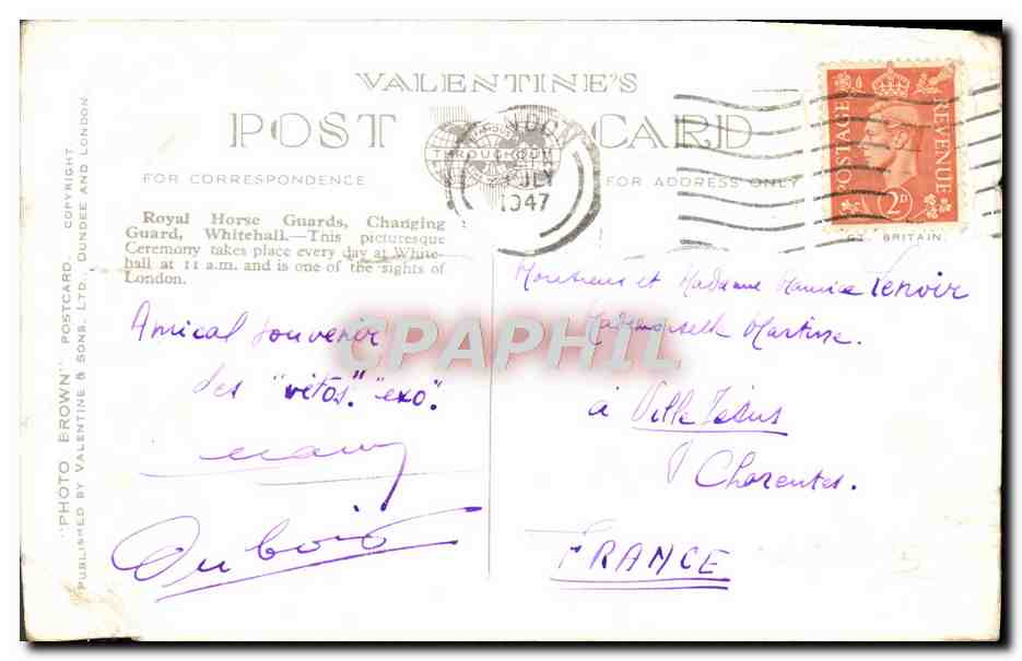 CPA Royal Horse Guards Changing Guard Whitehall London — Verso