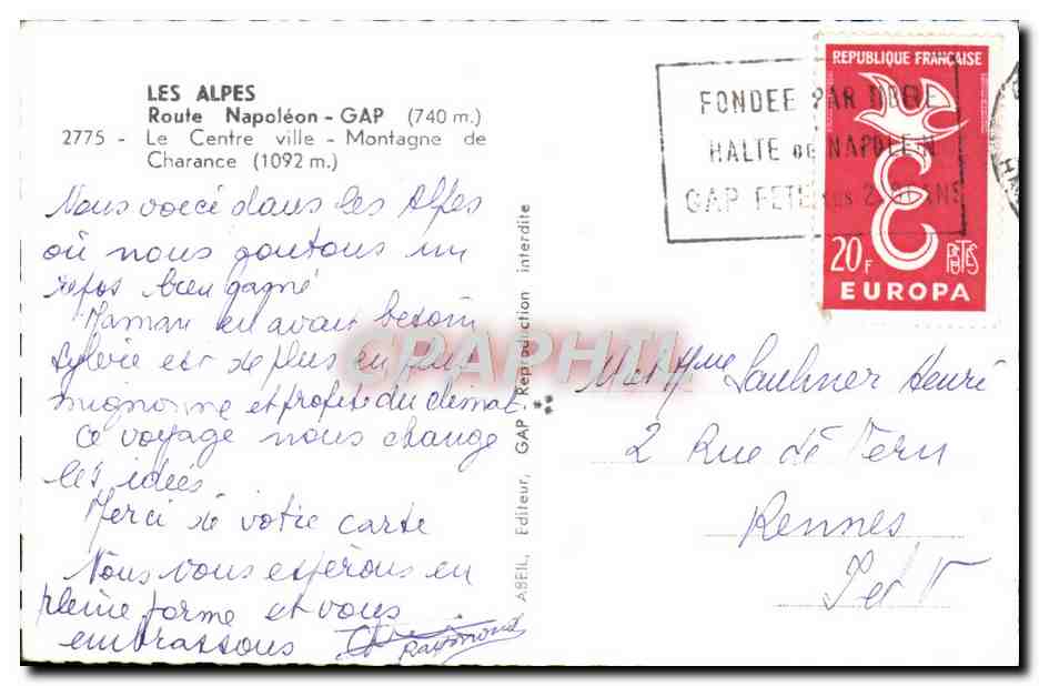 CPM Les Alpes Route Napoleon Gap Le centre ville Montagne de Charance — Rückseite