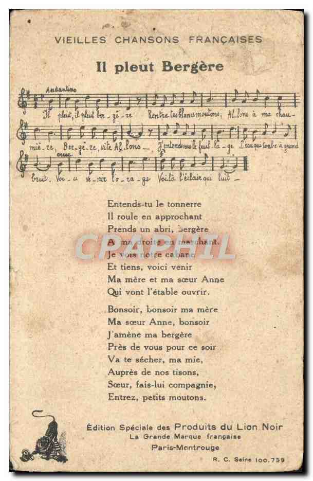 CPA Vieilles Chansons Francaises Il pleut Bergere  — Verso