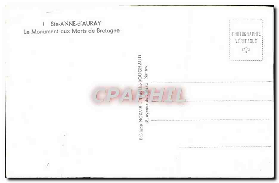 CPM Ste Anne D'Auray Le monument aux morts de Bretagne  — Verso