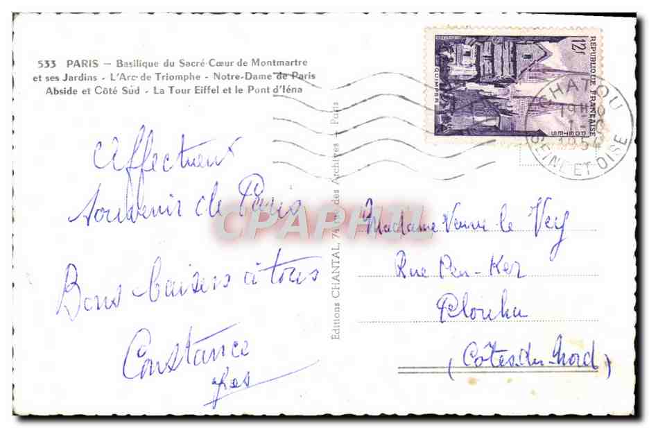 Paris – Basilique du Sacré-Cœur, Arc de Triomphe, Notre-Dame et Tour Eiffel — Éditions Chantal, n°533 — Back