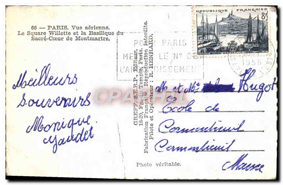 CPM Paris Vue Aerienne Le Square Willette Et La Basilique Sacre Coeur de Montmartre  — Rückseite