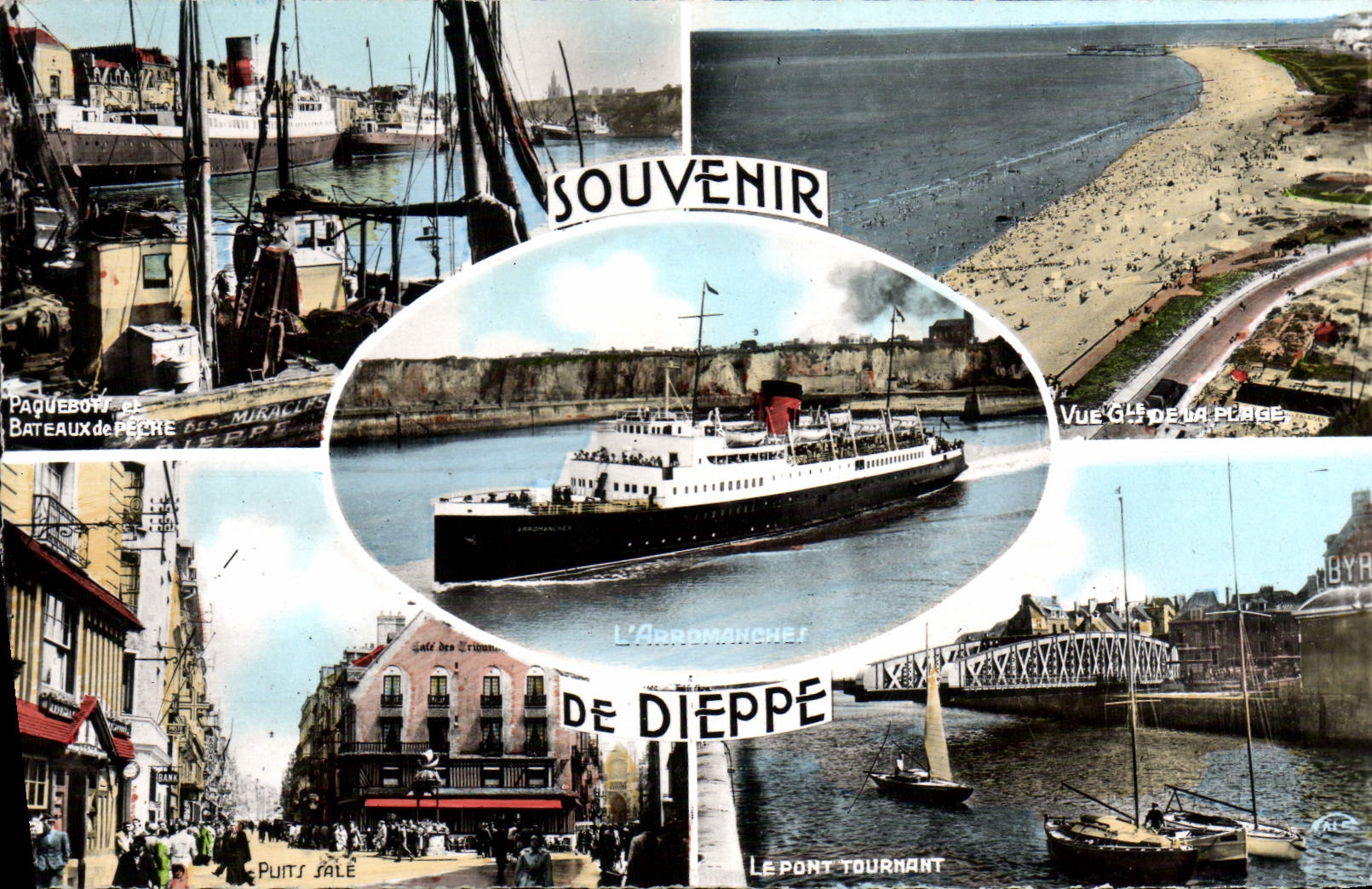CPM Souvenir De Dieppe Bateaux de peche Vue generale de la plage Puits Sale le pont tournant