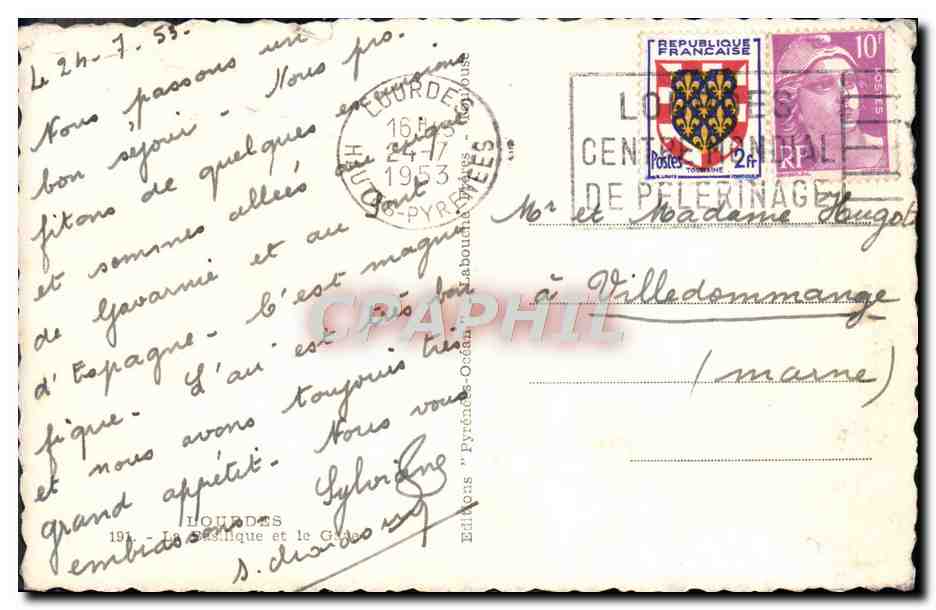CPM Lourdes La basilique et le Gave  — Verso