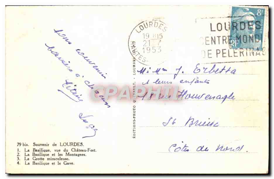CPM Lourdes La basilique et les montagnes la grotte miraculeuse Le Gave  — Rückseite